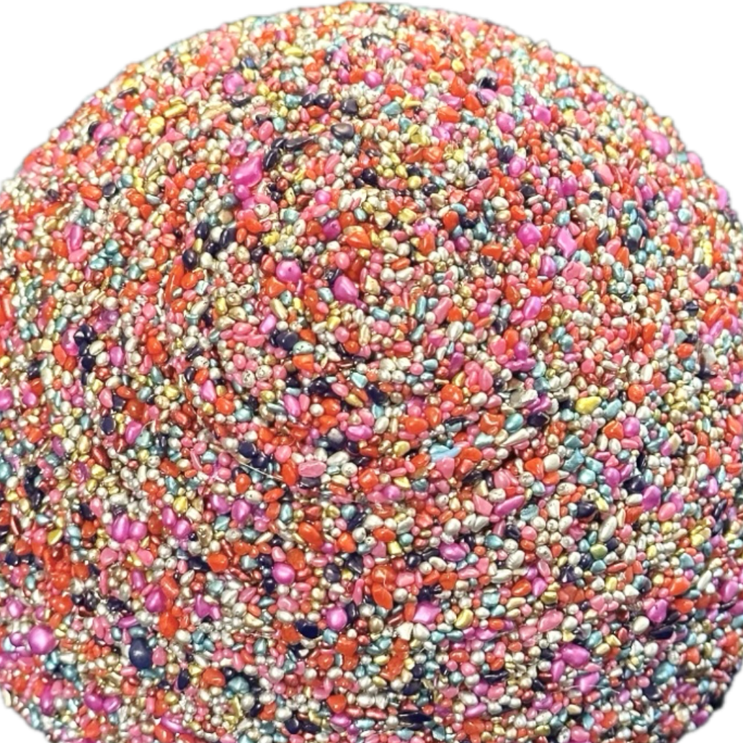 Multicolored round flower center on a white background