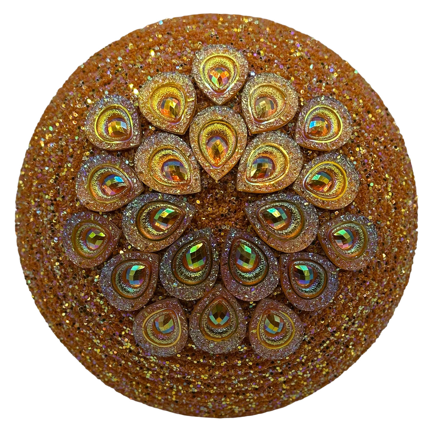 Orange gemstone on round orange glitter Flower center