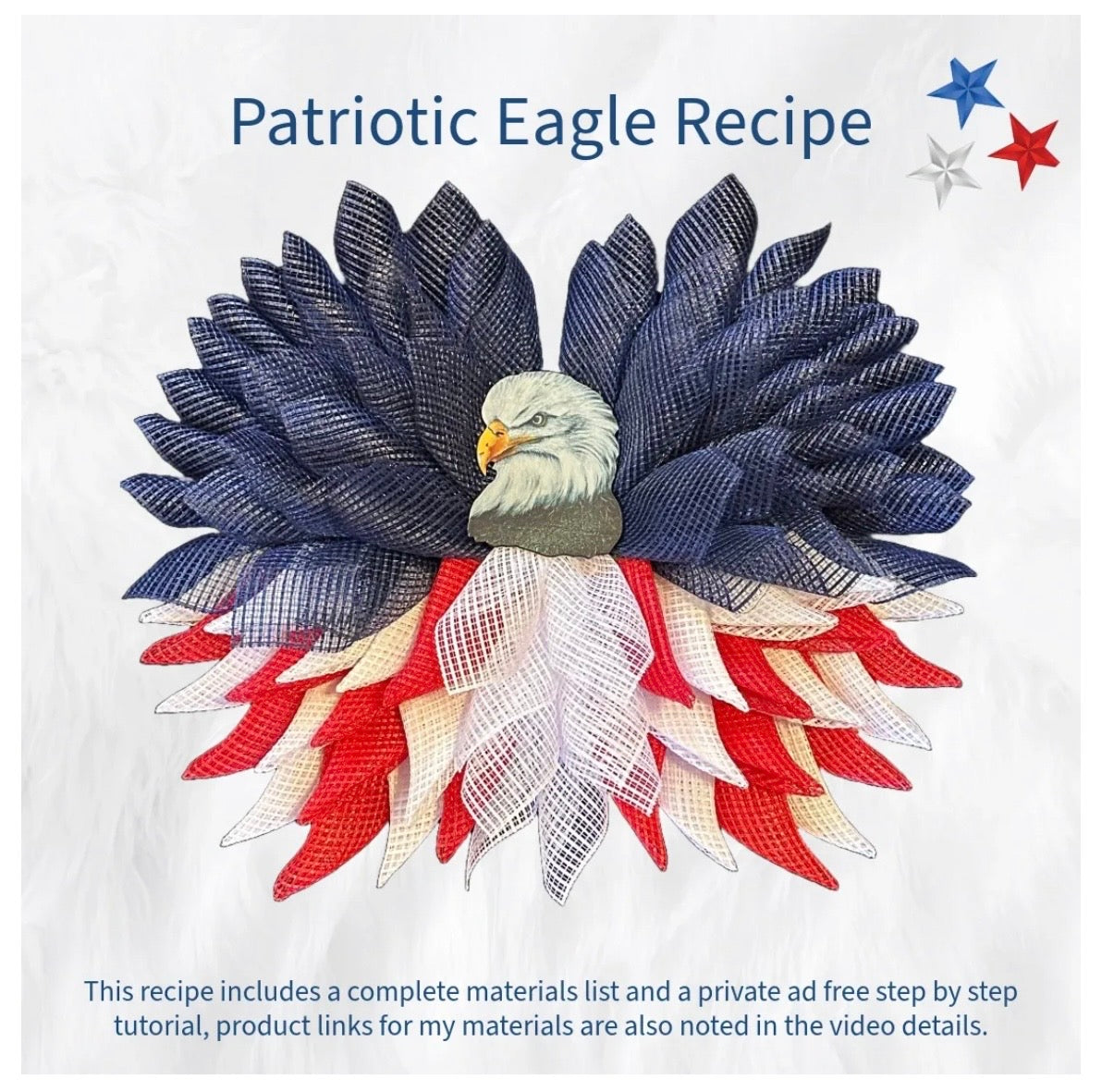 Decorative patriotic red white and blue eagle wreath with text "recipe".