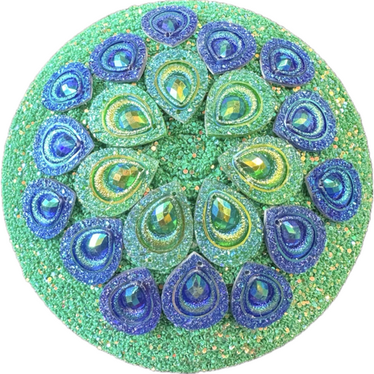 Peacock gemstone on round green glitter Flower center