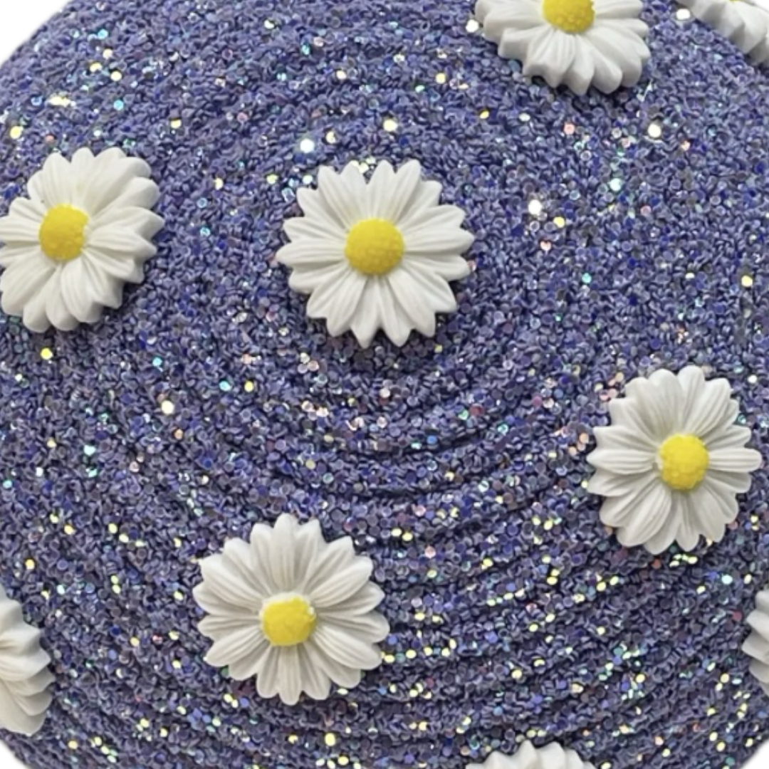 purple glitter round flower center with white daisies