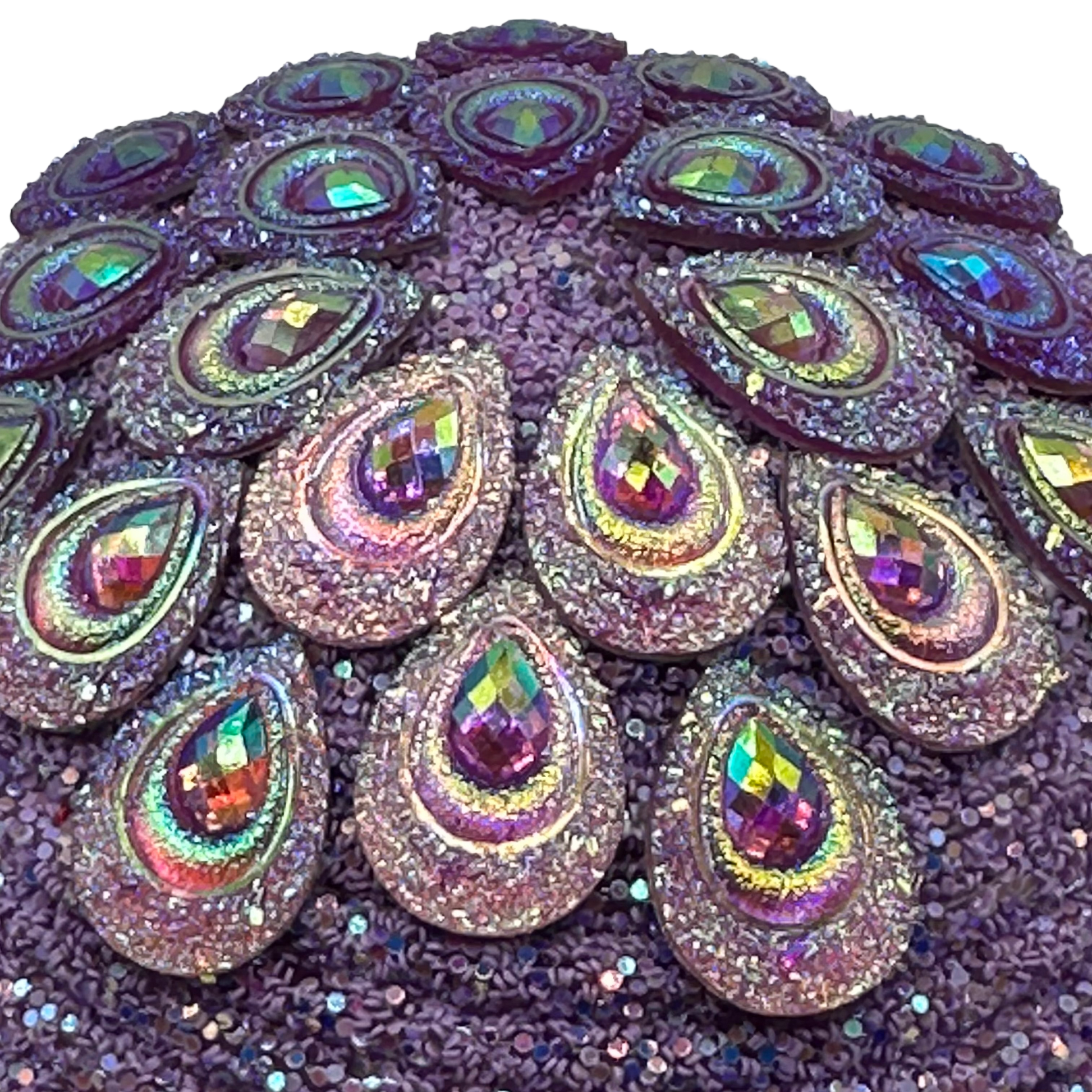 Purple gemstone on round purple glitter Flower center