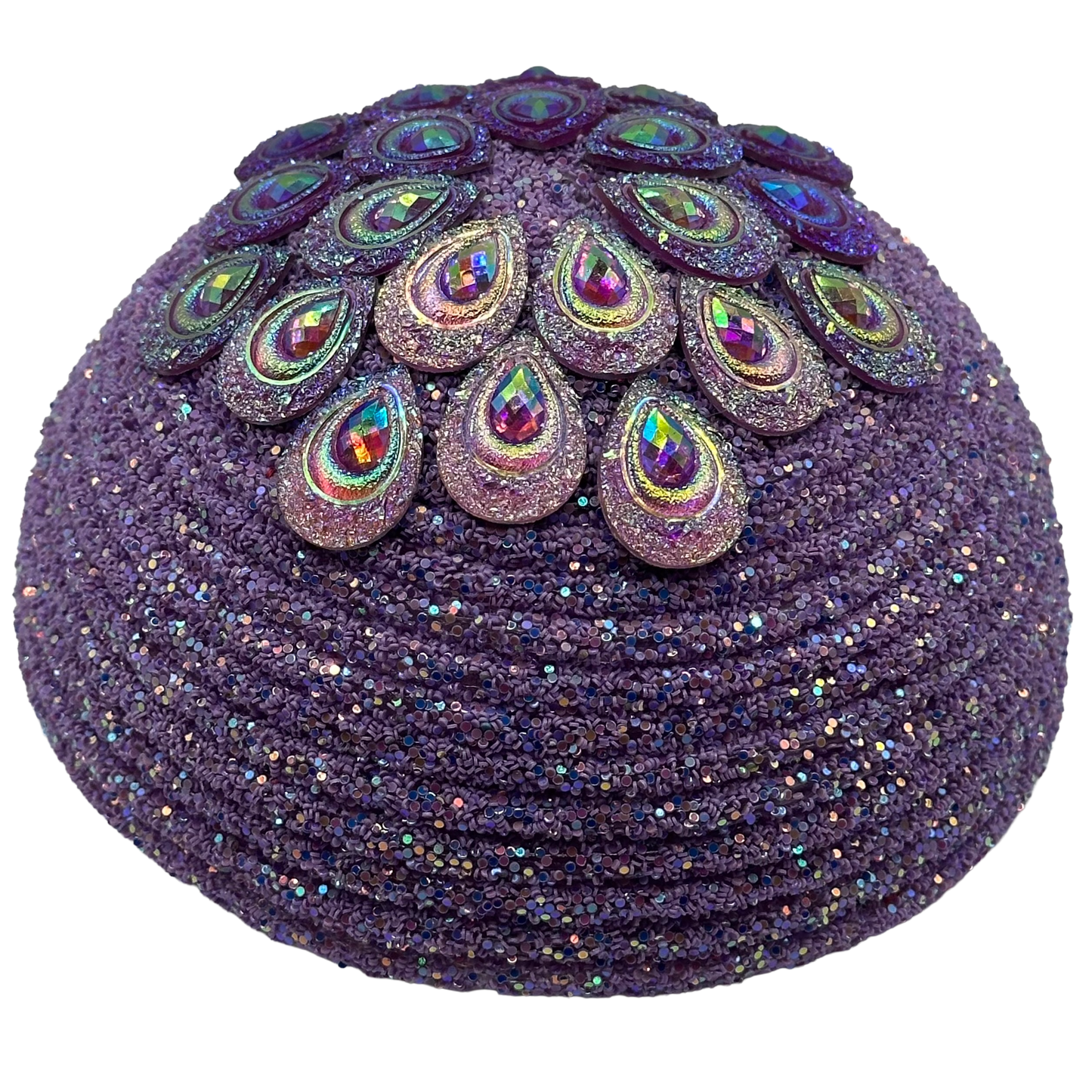 Purple gemstone on round purple glitter Flower center