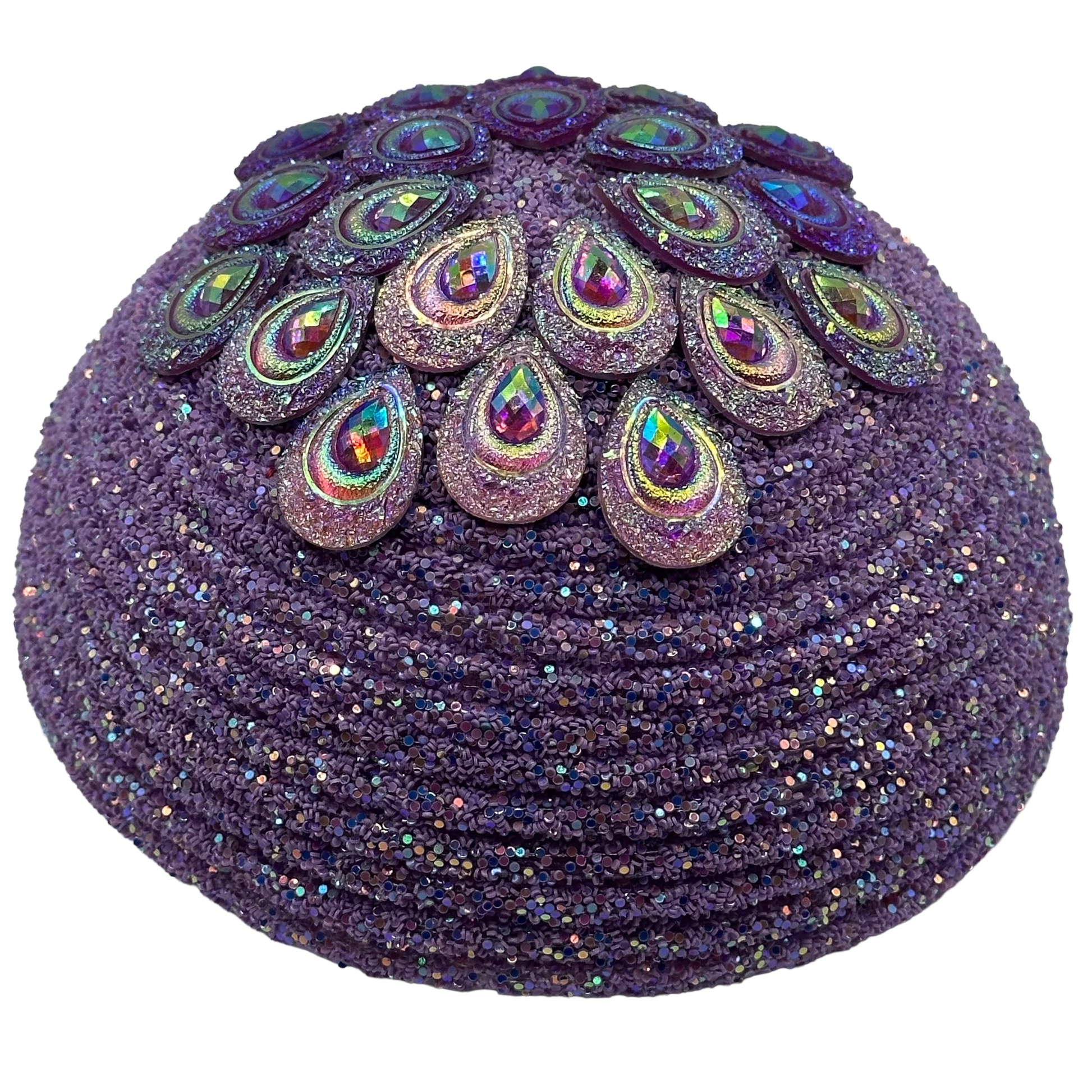 Purple gemstone on round purple glitter Flower center