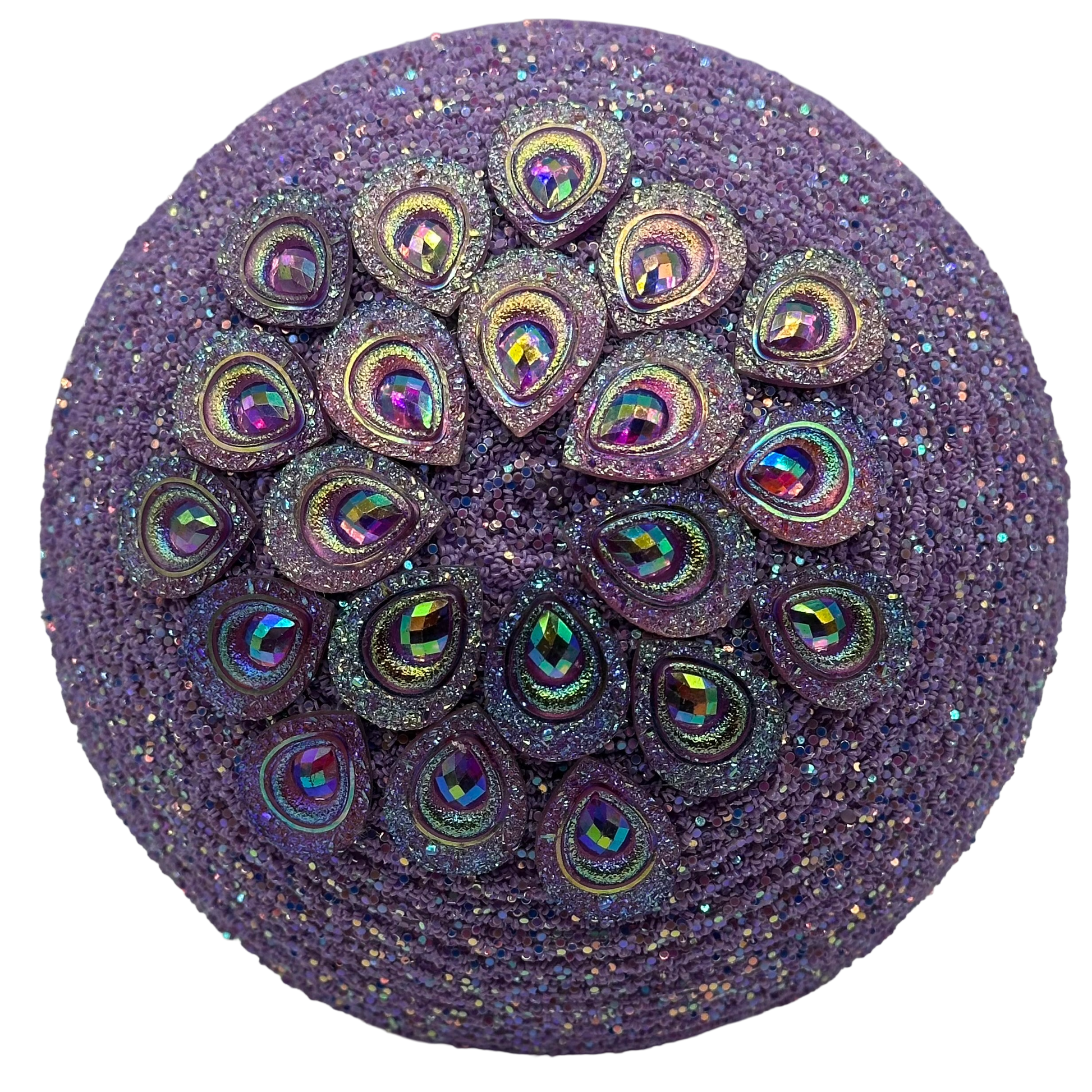Purple gemstone on round purple glitter Flower center
